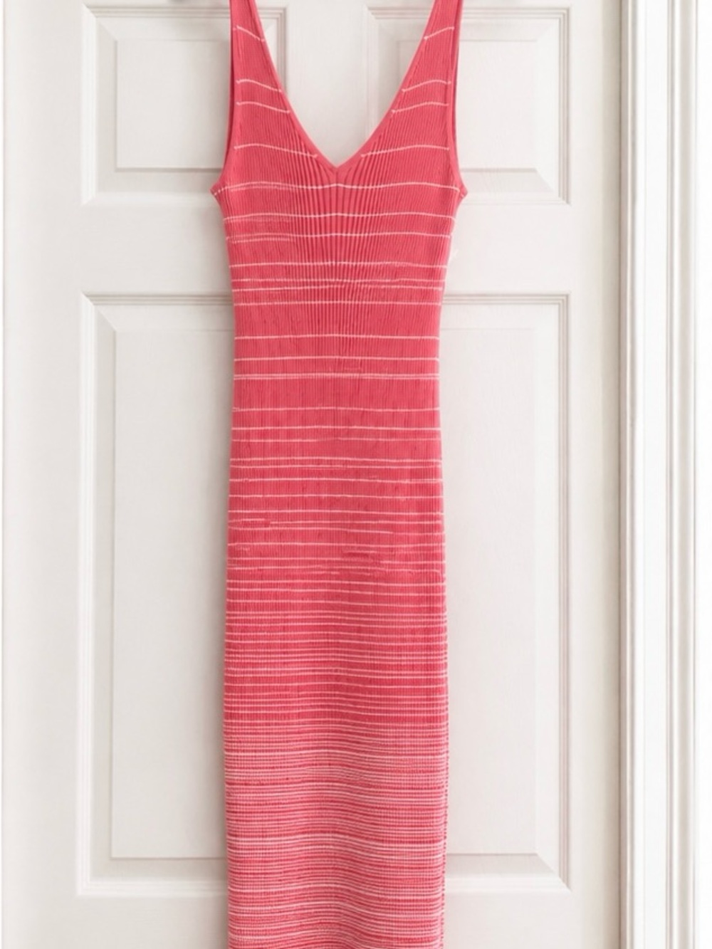 STAUD Coral Ribbed V-Neck Midi Dress